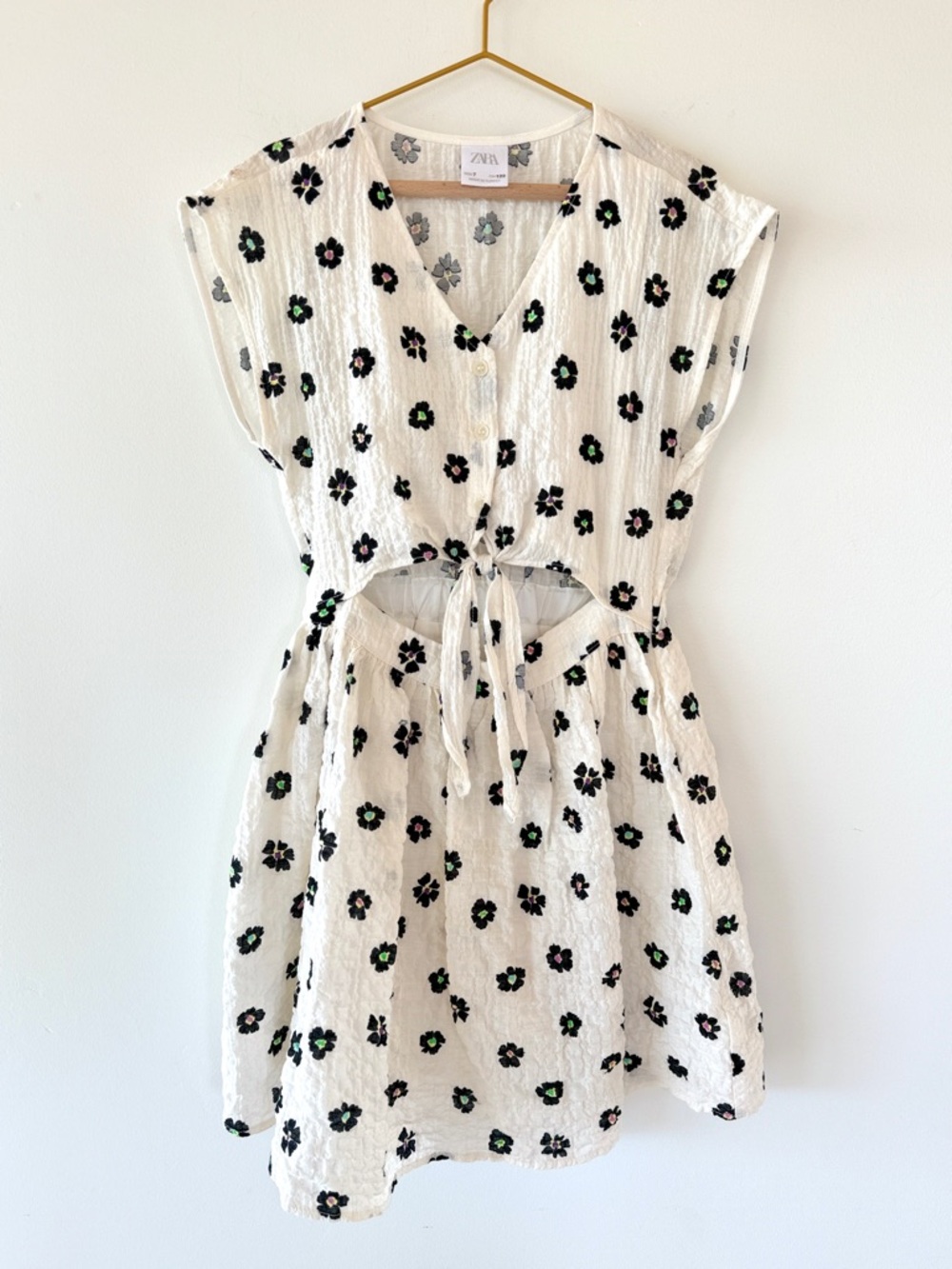 Zara Girls Floral Cutout Knotted Textured Dress Ecru Black Size 7 Cotton - Picture 2 of 12